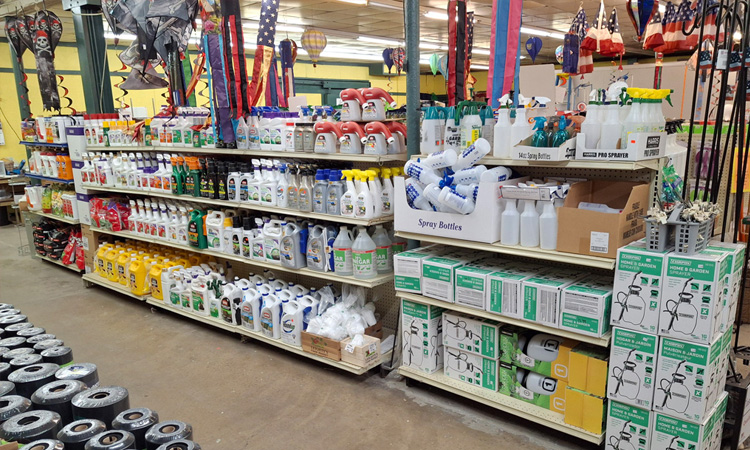 Gardening supplies on shelves