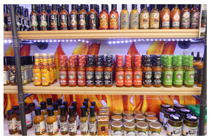Hot Sauce Bottles on Shelves